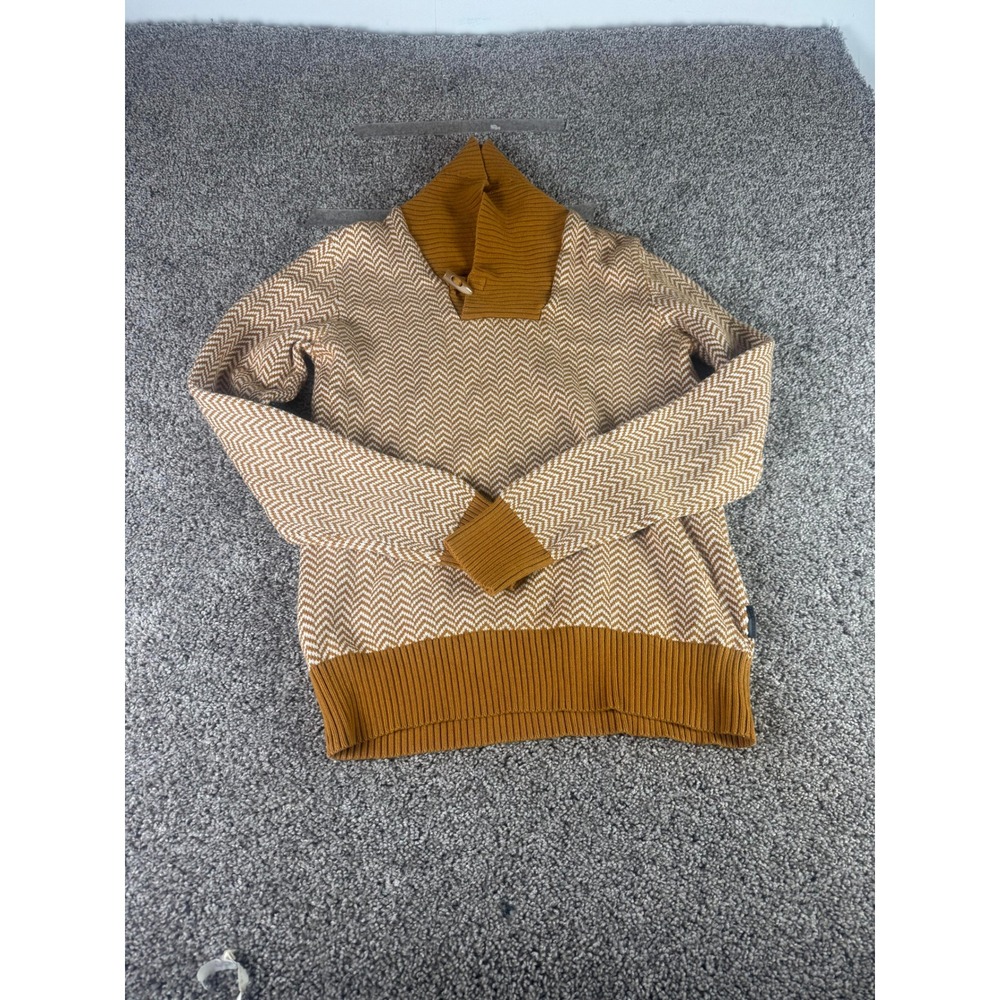 Sean John Pullover Sweater Women Mustard Brown Knit Herringbone Shawl Collar - S
